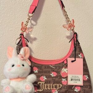 Juicy Couture Brown Monogram Shoulder Bag with Pink Strawberry Print & Trim